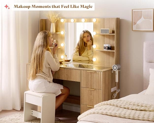 AMERLIFE 47.2" Fluted Vanity Desk with Mirror and Adjustable LED Lights, Large 7 Drawers Makeup Vanity Table with Glass Top and Charging Station for Women and Girls, Bedroom or Dorm, Natural Oak thumbnail 7