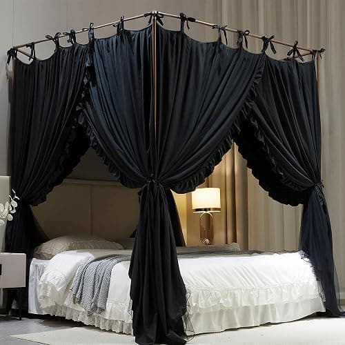AIOOO 4 Corners Post Princess Curtain Bed Canopy Double Layer Cozy Mosquito Net Mesh and Cloth for Girls Adults Bedroom Decoration (Double-Black/Black, 64" W*82" L*82"*H/(Queen)) thumbnail 2