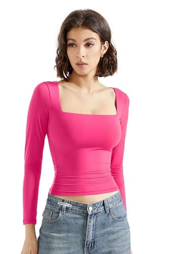 SUUKSESS Women Square Neck Long Sleeve Tops Double Lined Going Out T Shirts - Image 1