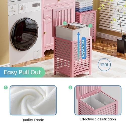 SMIBUY Double Laundry Hamper with Lid, 120L Bamboo Laundry Basket with Removable Liner Bag, 2-Section Clothes Divider Laundry Sorter for Laundry Room, Bathroom, Bedroom (Pink) thumbnail 7