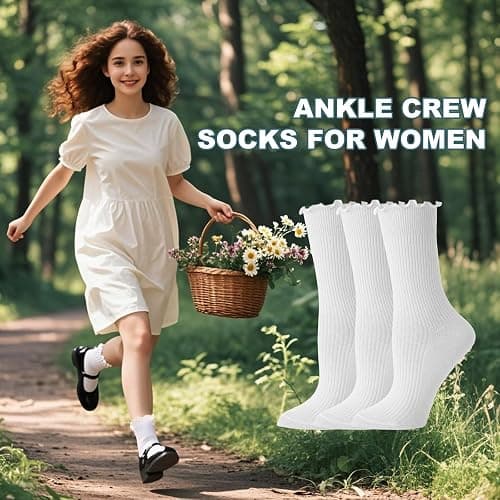 BISOUSOX Ruffle Socks Woman, White Boot Cozy Crew Cute Frilly Ankle Dress Socks for Women Girls Turn-Cuff Size 5 7-9 thumbnail 4