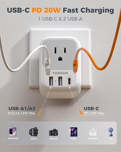 TESSAN European Travel Plug Adapter 2 Pack, Type C Plug | Not Voltage Converter, 4 Outlets 3 USB (1 USB C PD 20W), For Europe Italy Spain France Portugal Iceland Germany thumbnail 5