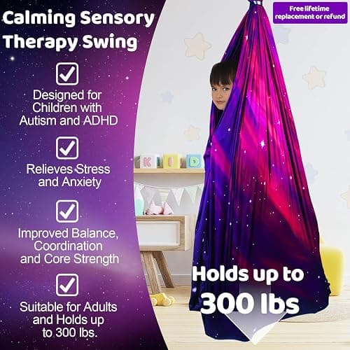 HiCamer Double Layer Sensory Swing for Kids & Adults Holds up to 300lbs Indoor and Outdoor Therapy Cuddle Swing with 360° Swivel Hanger Kit Adjustable with Aspergers Autism ADHD (Galaxy Purple) thumbnail 2