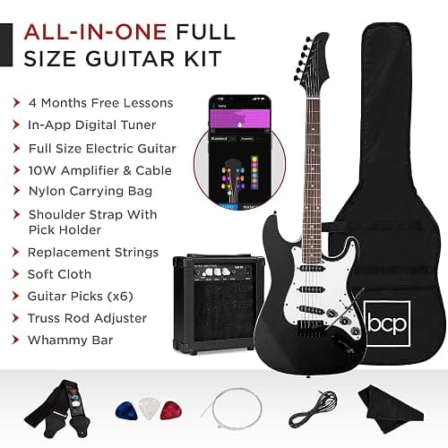 Best Choice Products 39in Full Size Beginner Electric Guitar Starter Kit w/Case, Strap, 10W Amp, Strings, Pick, Tremolo Bar - Jet Black thumbnail 3