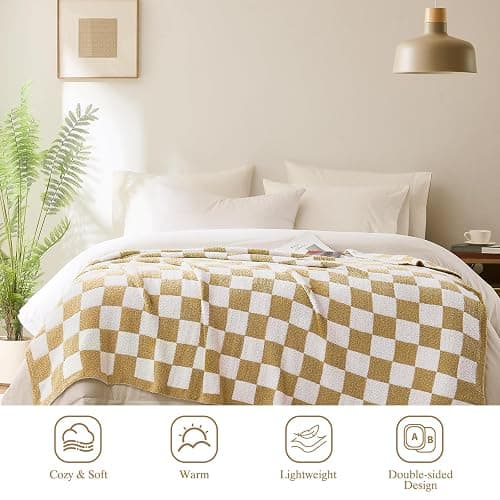 Cozzenity Checkered Throw Blanket, Khaki Soft Cozy Fluffy Knitted Throw Blankets for Couch, Sofa, Bed, Chair, Warm Fuzzy Travel Picnic Lightweight Plaid Blanket, 60x80 inches - Khaki - 60×80 Inch thumbnail 3