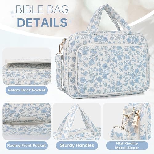 Bible Cover Case for Women Bible Study Supplies Church Camp Essentials Christian Gifts for Women Journaling Kit Quilted Large Bible Book Sleeve (Blue Flower, Large) thumbnail 4