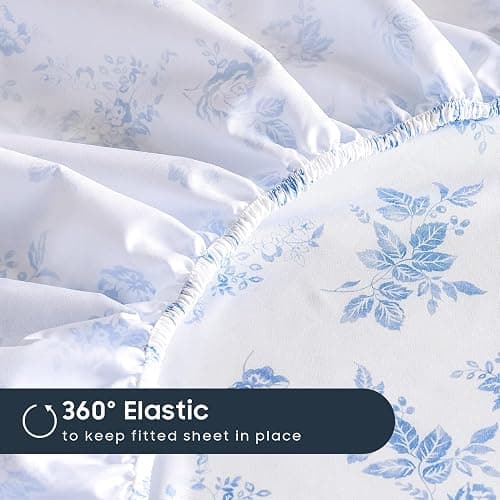 Wake In Cloud - Shabby Chic Bed Sheets, 4-Piece Sheet Set, Floral Botanical Coquette Cottagecore Vintage Flower, Soft Microfiber Deep Pocket Bedding, Light Blue, Queen Size thumbnail 6
