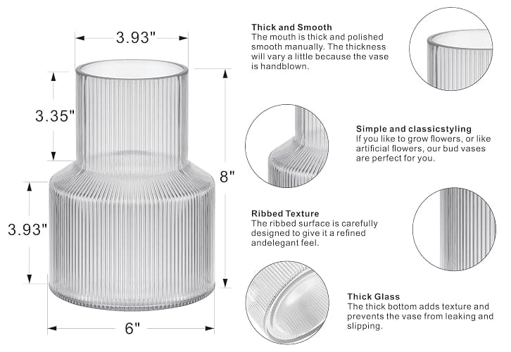 8" High Ribbed Glass Vase, Glass Flower Vase, Fluted Clear Vases for Lego Flower Bouquet, Modern Glass Vases for Living Room, Dinning Table, Wedding (Clear, 6"x8") thumbnail 3