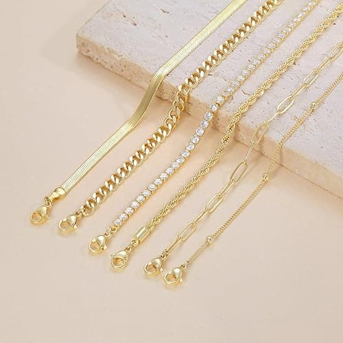 DEARMAY 14K Gold Plated Ankle Bracelets for Women Waterproof - Dainty 6Pcs Anklets Layered Cuban Link Chain Herringbone Cute Anklets Set Pack Summer Beach Jewelry Gift for Women Teen thumbnail 6