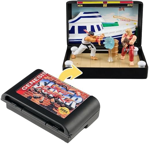 Console Heroes Super Street Fighter II Collectible Diorama – Mini Ryu & Ken Figures with Dock Stage Scene – Retro SEGA Genesis Cartridge Display & Playset - Image 1