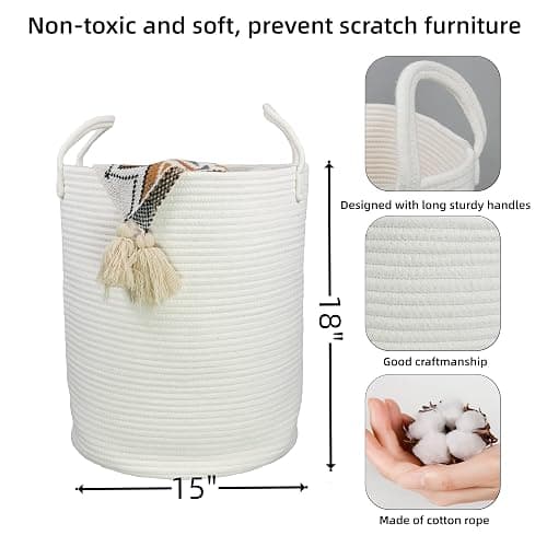 XUANGUO Cotton Rope Laundry Basket Hamper for Clothes Decorative Woven Storage Basket for Living Room Bedroom Boho Tall Rope Baskets for Blanket Toys Baby Nursery Hamper Bin Large white thumbnail 3