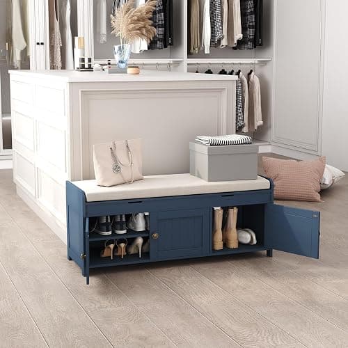 HOMEFORT 41.3" Shoe Bench with Lift Top Storage, Entryway Bench with Cushioned Seat, Wooden End of Bed Bench, Shoe Cabinet Bench with Hidden Storage Space, for Bedroom, Hallway,Blue thumbnail 8