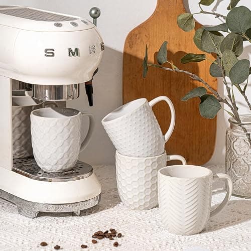 FOBENTA Ceramic Coffee Mugs Set of 4, 12oz Embossed Cups with Elegant Patterns – A Thoughtful Gift for Women, Mom, or Friends,Perfect for Tea, Latte, Cocoa (Arctic White, 12 OZ) - Image 1