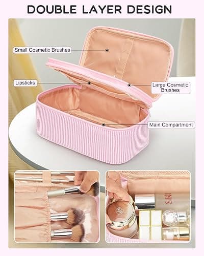 Relavel Cute Makeup Bag for Girls, Portable Pink Cosmetic Bag, Dual-layer Makeup Pouch with Brush Holder, Multi-Functional Preppy Toiletry Organizer for Travel, Daily Use - Pink Strip thumbnail 4