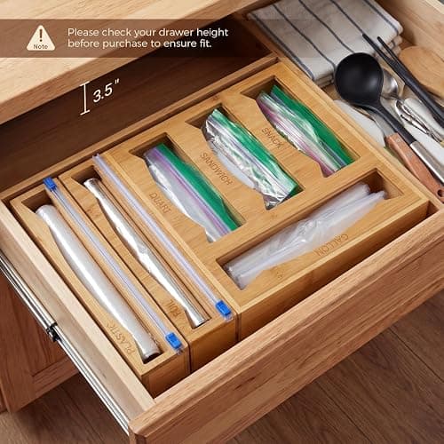6-in-1 Bamboo Kitchen Drawer Organizer for Storage Bag, Foil & Plastic Wrap thumbnail 4