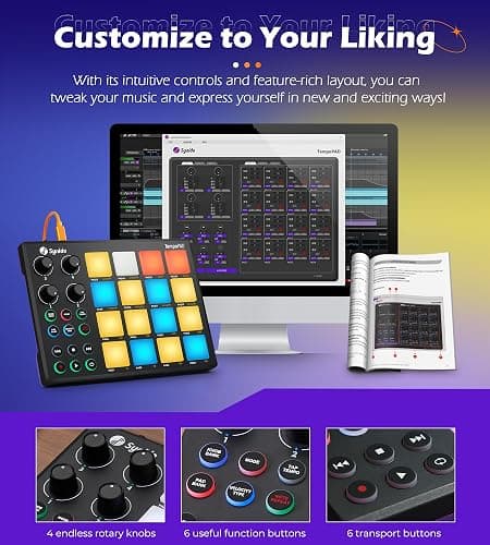 Synido TempoPAD Midi Controller Beat Maker Machine for Music Production, Portable USB MIDI Beat Pad Controller for Beginners with Durable Carrying Bag, 16 Backlit Beat Pad, 4 Assignable Knob thumbnail 3
