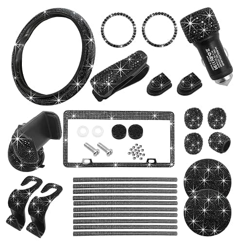 Suvnie 27PCS Bling Car Accessories Set for Women, Crystal Rhinestone Universal Steering Wheel Covers Fit 15 Inch, License Plate Frame, Phone Holder, Air Vent Outlet Trim, Coasters (Black) - Image 1