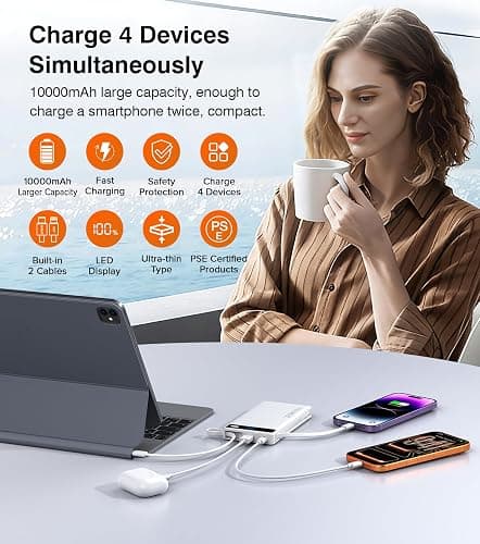 Power Bank with 2 Built-in Cables 10000mAh, 22.5W PD Slim Portable Charger USB C Battery Pack, Travel Essentials Fast Charging Powerbank Compatible with iPhone 17 16 Plus Pro Galaxy iPad White(1 Pack) thumbnail 7