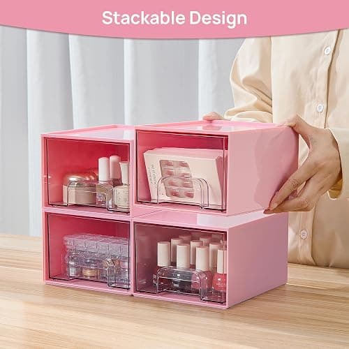 Vtopmart 4Pack Small Stackable Storage Drawers, Bathroom Makeup Organizer,Plastic Storage Bins For Vanity, Undersink, Kitchen Cabinet, Pantry, Home Organization(Pink) thumbnail 5