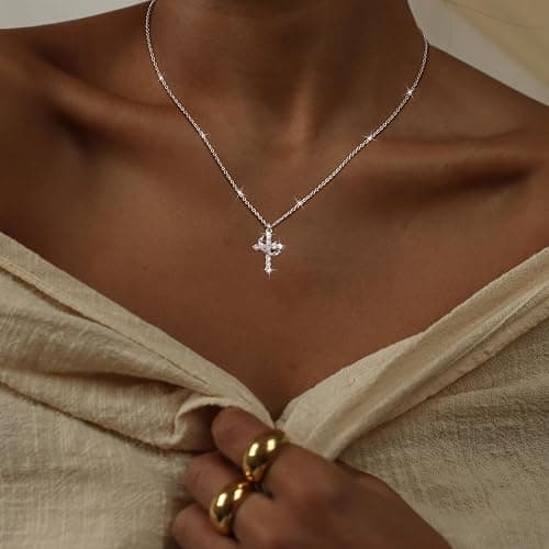 NECOCY Christmas Gift Crown Cross Necklaces for Women Non Tarnish Dainty 14K Gold/Silver/Rosegold Plated CZ Pendant Necklace for Women Trendy Simple Cross Charm Jewelry for Women thumbnail 2