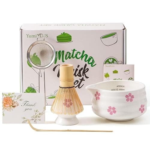 YumiPLUS 5pcs Premium Matcha Set,Ceramic Bowl with Spout and Bamboo Whisk set, Ceremonical Matcha Kit for breakfast/latte,Tea Starter Making Kit,Unique Matcha Gift set (sakura) - Image 1