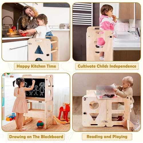 Woodure 4-in-1 Toddler Kitchen Step Stool, Foldable Learning Standing Tower with Blackboard, Wooden Kitchen Stool Helper for Kids, 1-3 Year Old Boy Girl Gifts thumbnail 7