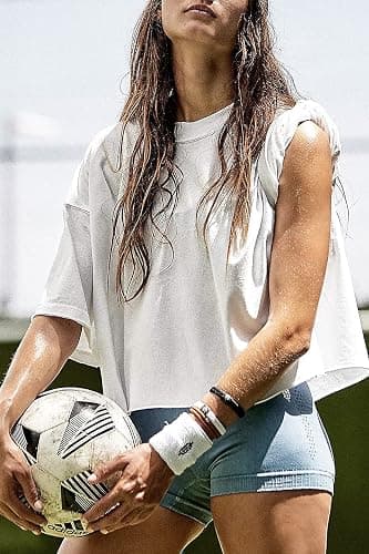 Women's Oversize Workout Crop Tops Casual Short Sleeve Drop Shoulder Boxy T-Shirts Roll Hem Basic Loose Yoga Running Tees thumbnail 4