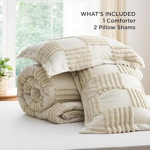 Bedsure King Size Comforter Set Linen, Boho Tufted Bed Set, Grande Checkered Farmhouse Shabby Chic Bedding, 3 Pieces, 1 Plaid Geometric Comforter and 2 Pillow Shams thumbnail 6