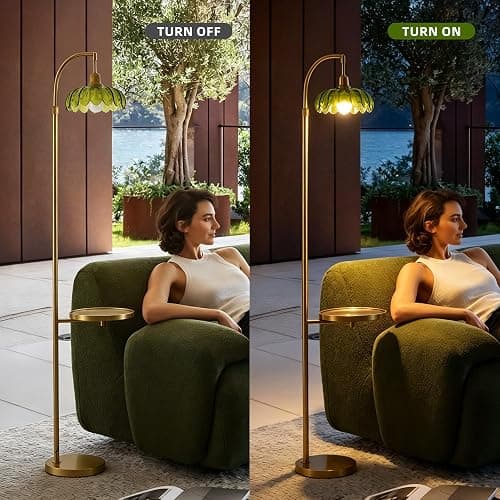 WELAISA Glass Floor Lamp with Table and Shelves, Gold | Remote Dimmable, Boho Brass Tall Lamp, Vintage Farmhouse Arc, Green Flower Design thumbnail 6