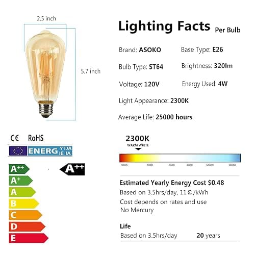 LED Dimmable Edison Light Bulbs 4W, 2200K-2400K Warm White (Amber Glass) ST64, E26 Base Pack of 6 thumbnail 3