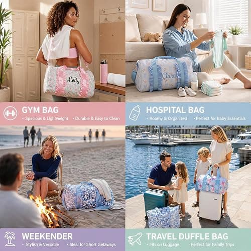Personalized Custom Embroidered Ruffle Duffle Bag for Teen Girls | Custom name embroidery, cute ruffle trim, large duffle bag for sleepovers, school, trips. Lightweight 0.8lb, water-resistant thumbnail 6