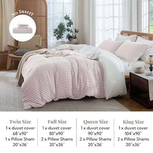 MILDLY Jacquard Stripe Duvet Cover - 100% Washed Cotton Pale Mauve Boho Textured Comforter Cover 3pcs with Zipper Closure 90"x90" thumbnail 5