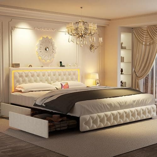 VOHOBY King Bed Frame with 4 Storage Drawers, Velvet Upholstered Bed Frame King Size with Charging Station and LED Lights, 46" Adjustable Button Tufted Headboard, No Box Spring Needed, Beige thumbnail 8