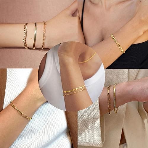 Gold Bracelets for Women,Dainty Bracelets Set for Women Trendy, Gold Bracelets Stack With Beaded, Cuban, Paperclip, Heart, Snake, Rope, Pearl, Cross, Hand Chain, Silver Jewelry Gifts for Women thumbnail 9