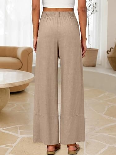 ANRABESS Women's Wide Leg Linen Pants Summer Boho Casual Elastic Waist Long Lounge Travel Pants Trousers with Pockets thumbnail 4