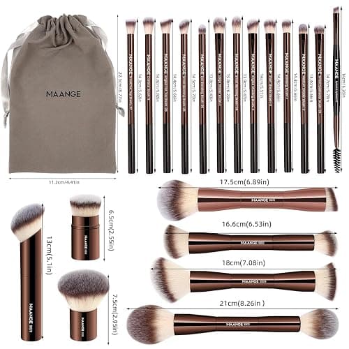 MAANGE 20 PCS Foundation Makeup Brush Set, Double-ended Kabuki Contour Brush for Liquid Powder Concealer Blending Blush Face Makeup Tools (Coffee) thumbnail 8