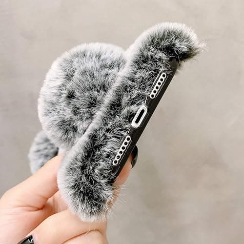 LUVI Compatible with iPhone 12 Plush Furry Case Fuzzy Fluffy Ball Rabbit Faux Fur Hair Cute Cartoon Bear Ear with Bling Glitter Diamond Camera Protection Cover Luxury Fashion Case Pink thumbnail 4
