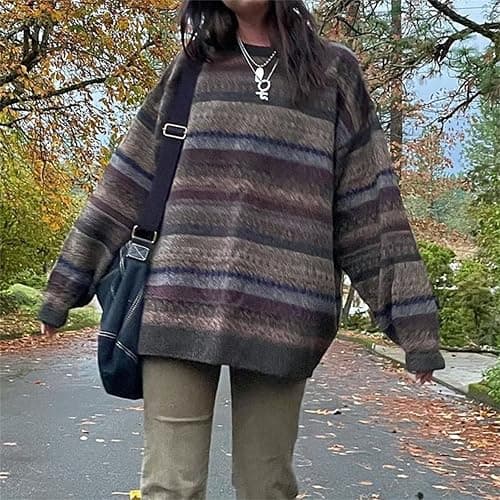 Women Y2K Argyle Striped Pullover Sweater Casual Long Sleeve Round Neck Vintage Preppy Style Pullover Knitwear thumbnail 3