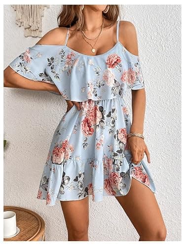 SOLY HUX Women's Boho Floral Print Cold Shoulder Dress Short Sleeve Ruffle A Line Vacation Elegant Mini Dresses thumbnail 4