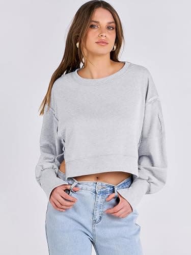 ANRABESS Womens Cropped Sweatshirts Oversized Crewneck Long Sleeve Tops 2025 Fall Winter Loose Pullover Teen Girls Clothes thumbnail 5