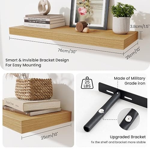 Fun Memories Floating Shelves for Wall, 30 Inch Long Floating Shelves Set of 2, 30 x 10 Wooden Shelves for Wall, Large Storage Shelves, Hanging Shelves for Bathroom Kitchen Bedroom, Oak thumbnail 3