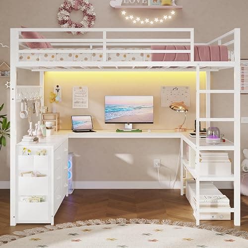 ADORNEVE Loft Bed Full Size with U-Shaped Desk, 6 Storage Drawers, Power Outlet, LED Metal Loft Bed with 2 Storage Shelves, Bed with Safety Guardrail & Ladders,Space-Saving,White thumbnail 7