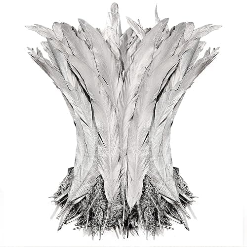 THARAHT 50PCS Rooster Coque Tail Feathers Bulk Natural 12-14Inch 30-35cm for Crafting Wedding Gras Masquerade Party Performances DIY Decoration Rooster Tail Feather,Silver - Image 1