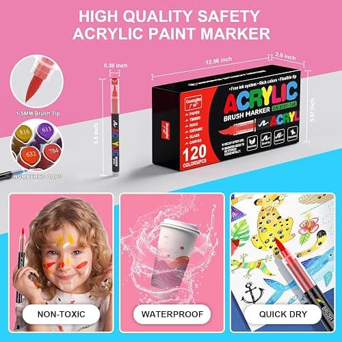 DICEKOO 120 Colors Acrylic Paint Markers, Soft Brush Tip Pens with Automatic Ink Control System, Waterproof, Quick-Drying, Lightfast, for Rock Painting, Canvas, Wood, Egg & DIY Crafts Art Supplies thumbnail 2