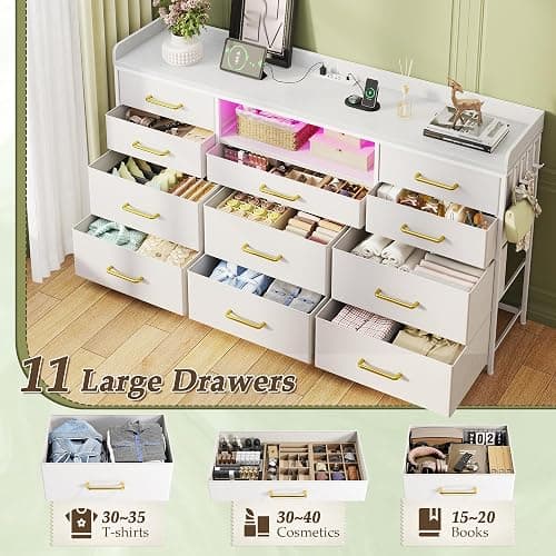 EnHomee LED Dresser for Bedroom with Charging Station,11 Drawers & 4 Hooks | Dresser TV Stand for 50 55 60 inch TVs for Living room,Storage Chests of Drawers with 2 Wood Shelve,White PU Leather thumbnail 7