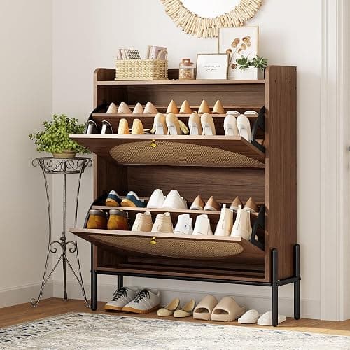 IRONCK Shoe Cabinet Storage with 2 Flip Drawers, Free Standing Wooden Shoe Storage Organizer Cabinet with Rattan Doors for Entryway, Narrow Shoe Rack Cabinet, Walnut thumbnail 2