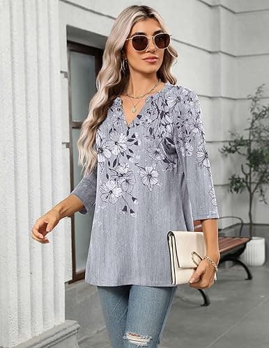 Zeagoo Womens 3/4 Length Sleeve Tops V Neck Tunic Casual Dressy Blouse Floral Printed Shirts thumbnail 5