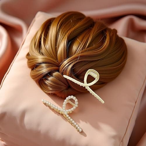 2 Pack Matte Gold and Pearl Hair Claws for Women: Large Metal Clips with Pearls for Thick Hair - Non-Slip Crab Claws and Strong Cross Barrettes thumbnail 4