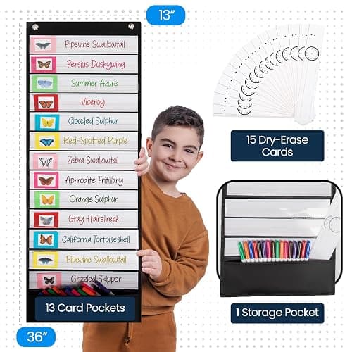 Essex Wares - 13 Pocket Daily Schedule Pocket Chart, Ultra-Durable Visual Schedule for Kids - Easy to Use, Reusable Daily Schedule for Kids - Reversible Chart for Sentence Strips thumbnail 2