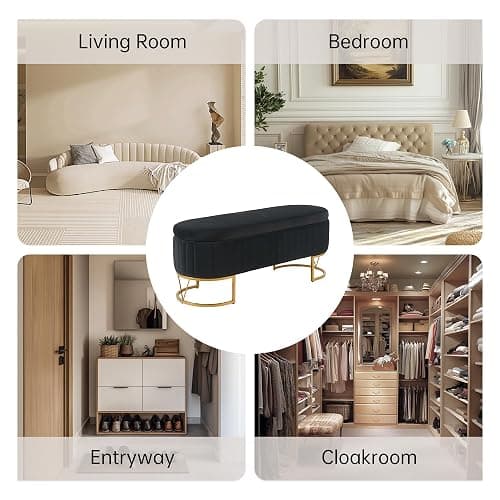 DRKAT Storage Bench Bedroom Bench, Velvet Oval Upholstered End of Bed Bench with Golden Metal Legs, 46” Modern Storage Ottoman Bench for Bedroom, Living Room, Entryway, Window, Black - Black - No button tufted thumbnail 6
